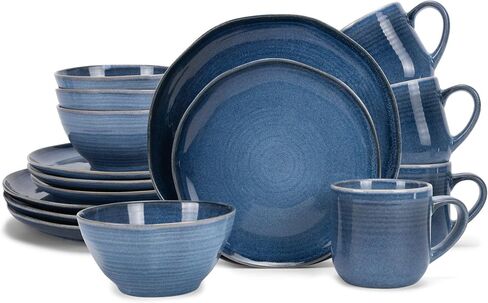 Elanze Designs Reactive Glaze Farmhouse Rustic Boho Ceramic Stoneware Dinnerware 16 Piece Plate Bowl Mug Dish Set - Service for 4, Ice Blue in Kuwait