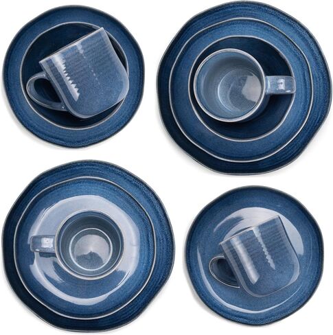 Elanze Designs Reactive Glaze Farmhouse Rustic Boho Ceramic Stoneware Dinnerware 16 Piece Plate Bowl Mug Dish Set - Service for 4, Ice Blue in Kuwait