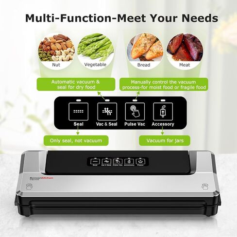 Bonsenkitchen Vacuum Sealer Machine Multi-Functional Food Sealer with 10 Vacuum Bags, Fast-Compact Design, External Vacuum System & Accessory Tube for Freshness Preservation in Saudi Arabia