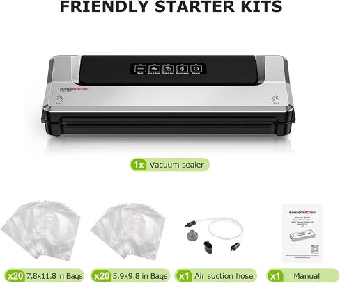 Bonsenkitchen Vacuum Sealer Machine Multi-Functional Food Sealer with 10 Vacuum Bags, Fast-Compact Design, External Vacuum System & Accessory Tube for Freshness Preservation in Saudi Arabia