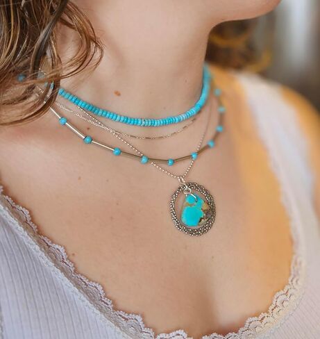 Dainty Natural Turquoise Beaded Necklace, Throat Chakra, Real Genuine Turquoise, 925 Sterling Silver, Gift for Her, Lobster Clasp Toggle Clasp (14 Inch Lobster Clasp with Sterling Extension) in Saudi Arabia