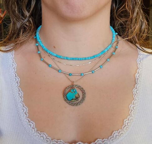 Dainty Natural Turquoise Beaded Necklace, Throat Chakra, Real Genuine Turquoise, 925 Sterling Silver, Gift for Her, Lobster Clasp Toggle Clasp (14 Inch Lobster Clasp with Sterling Extension) in Saudi Arabia