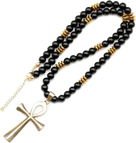 ElisaJewelryArt - Natural Tiger Eye Beaded Ankh Pendant Necklace Genuine Gemstone Fear Stone Clasp Closure Egyptian Necklace Unisex Necklace (22, Tiger Eye) in Saudi Arabia