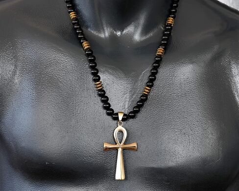 ElisaJewelryArt - Natural Tiger Eye Beaded Ankh Pendant Necklace Genuine Gemstone Fear Stone Clasp Closure Egyptian Necklace Unisex Necklace (22, Tiger Eye) in Saudi Arabia