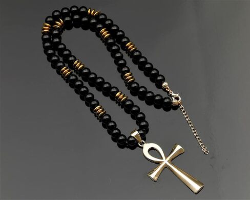 ElisaJewelryArt - Natural Tiger Eye Beaded Ankh Pendant Necklace Genuine Gemstone Fear Stone Clasp Closure Egyptian Necklace Unisex Necklace (22, Tiger Eye) in Saudi Arabia