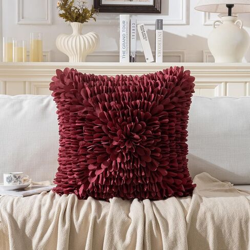 Handmade Decorative Floral Throw Pillow Cover, 3D Petal Ruffles Fluffy Chiffon Pillowcase Cushion Cover for Couch Bed Living Room Home Decor (Burgundy, 18x18 inch) in Saudi Arabia