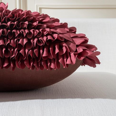 Handmade Decorative Floral Throw Pillow Cover, 3D Petal Ruffles Fluffy Chiffon Pillowcase Cushion Cover for Couch Bed Living Room Home Decor (Burgundy, 18x18 inch) in Saudi Arabia