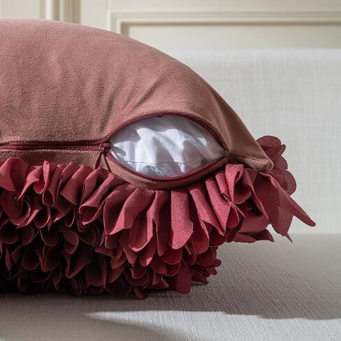 Handmade Decorative Floral Throw Pillow Cover, 3D Petal Ruffles Fluffy Chiffon Pillowcase Cushion Cover for Couch Bed Living Room Home Decor (Burgundy, 18x18 inch) in Saudi Arabia
