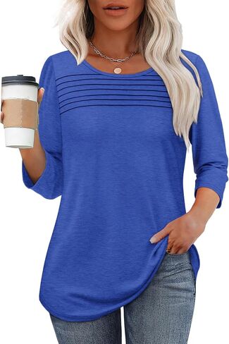 بلوزات نسائية بأكمام 3/4 من OFEEFAN ملابس غير رسمية للربيع والصيف ذات ثنيات أمامية تي شيرت بحاشية منحنية in Kuwait
