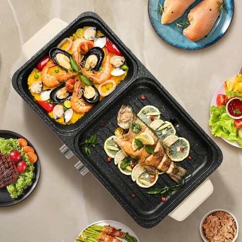 Food Party Hot Pot Electric Grill 2 in 1 Korean BBQ Grill Indoor Smokeless Hotpot Pot Electric Cooker Sahabu Shabu Pot Non Stick (Large) in Saudi Arabia