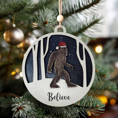 Believe Bigfoot Christmas Ornament, Wooden, 4 in, Winter Scene in Kuwait