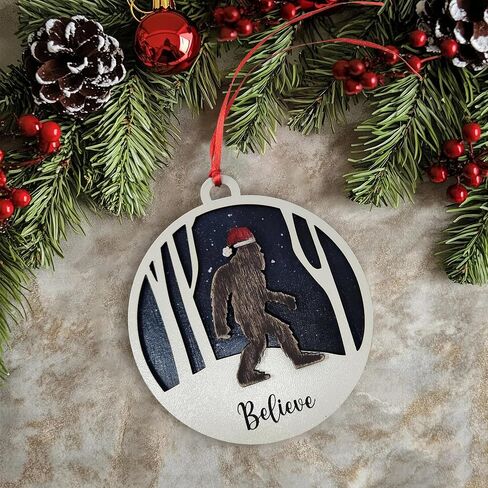 Believe Bigfoot Christmas Ornament, Wooden, 4 in, Winter Scene in Kuwait