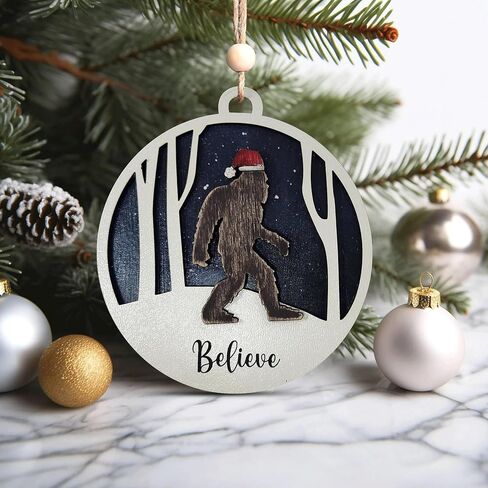 Believe Bigfoot Christmas Ornament, Wooden, 4 in, Winter Scene in Kuwait