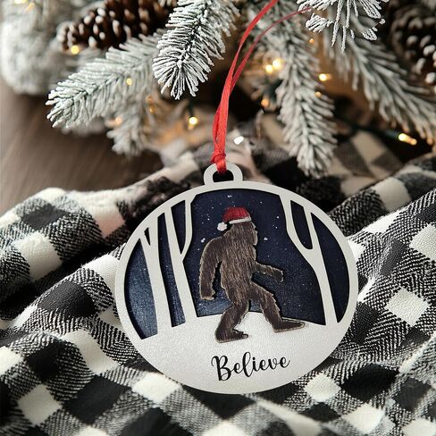 Believe Bigfoot Christmas Ornament, Wooden, 4 in, Winter Scene in Kuwait