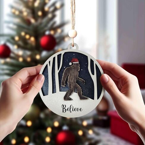 Believe Bigfoot Christmas Ornament, Wooden, 4 in, Winter Scene in Kuwait