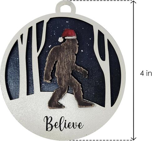 Believe Bigfoot Christmas Ornament, Wooden, 4 in, Winter Scene in Kuwait