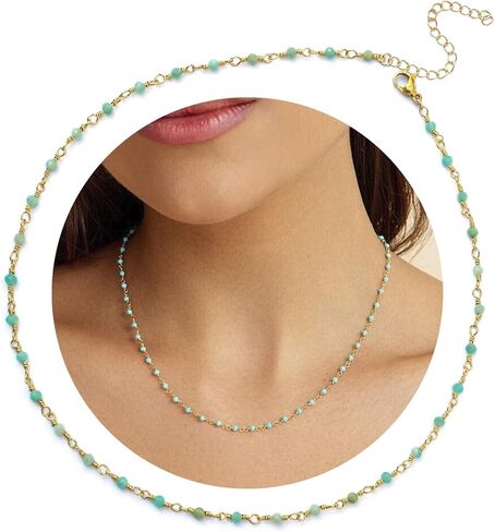 Amazonite Choker Necklace, Natural Blue Crystal Beaded Necklaces for Women, Handmade 18k Gold Plated 3mm Beads Healing Crystal Necklace in Saudi Arabia