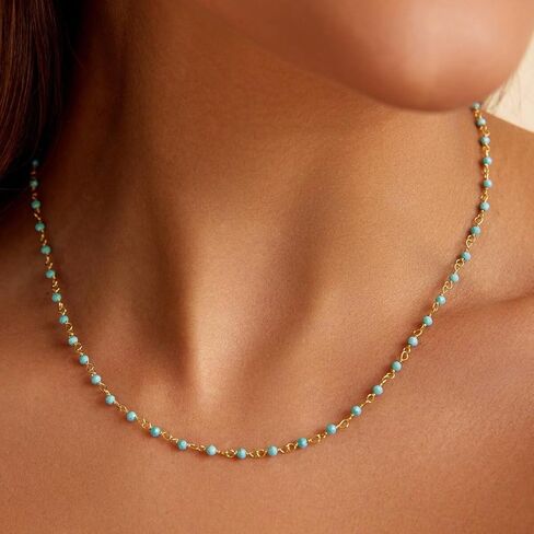 Amazonite Choker Necklace, Natural Blue Crystal Beaded Necklaces for Women, Handmade 18k Gold Plated 3mm Beads Healing Crystal Necklace in Saudi Arabia