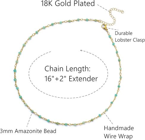 Amazonite Choker Necklace, Natural Blue Crystal Beaded Necklaces for Women, Handmade 18k Gold Plated 3mm Beads Healing Crystal Necklace in Saudi Arabia