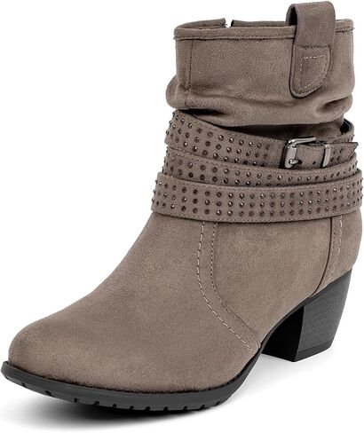Women's Mid Calf Boots,Round Toe Comfort Low Heel Slouchy Dress zip booties with Jeweled strap in Kuwait