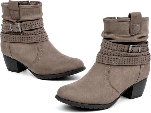 Women's Mid Calf Boots,Round Toe Comfort Low Heel Slouchy Dress zip booties with Jeweled strap in Kuwait
