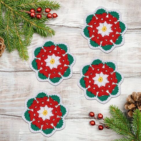 4 Pieces 4.3 Inch Christmas Doily Crochet for Crafts, Handmade Small Doilies Cloth Lace Placemats, Cotton Round Coasters in Saudi Arabia