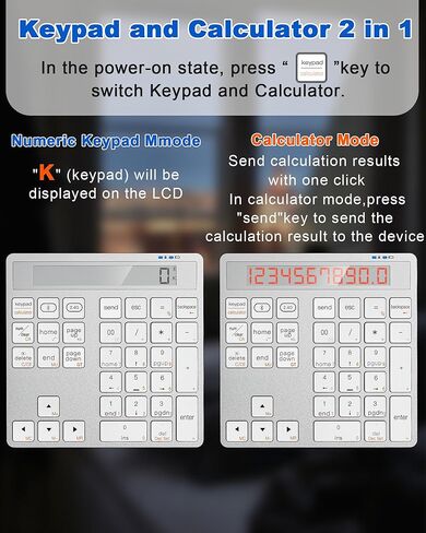 Bluetooth Number Pad and Calculator 2 in 1 - Aluminum 2.4G + Bluetooth Wireless Numeric Keypad Slim 34-Keys Portable Numpad Keyboard Data Entry & Calculate, for MacBook Laptop Surface in Kuwait
