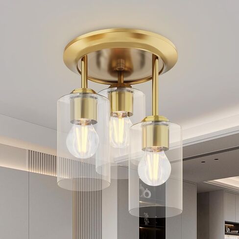 Kalium Gold Semi Flush Mount Ceiling Light, 3-Light Fixtures Ceiling Mount with Clear Glass Shades, Hallway Lighting Fixtures for Bedroom Kitchen E26 Socket (Bulb Not Included) in Kuwait