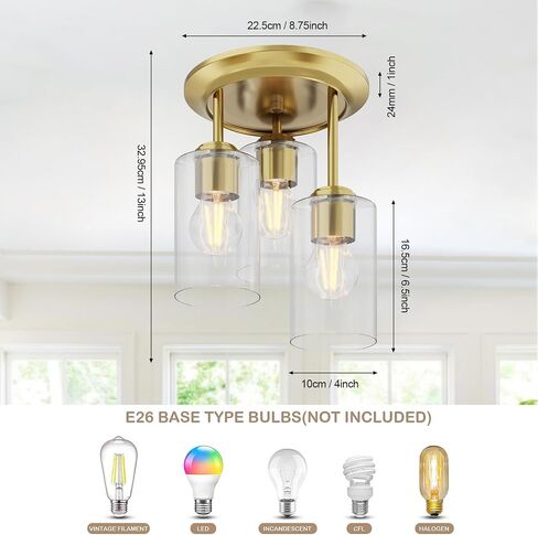 Kalium Gold Semi Flush Mount Ceiling Light, 3-Light Fixtures Ceiling Mount with Clear Glass Shades, Hallway Lighting Fixtures for Bedroom Kitchen E26 Socket (Bulb Not Included) in Kuwait