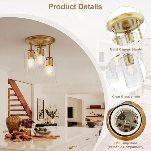Kalium Gold Semi Flush Mount Ceiling Light, 3-Light Fixtures Ceiling Mount with Clear Glass Shades, Hallway Lighting Fixtures for Bedroom Kitchen E26 Socket (Bulb Not Included) in Kuwait