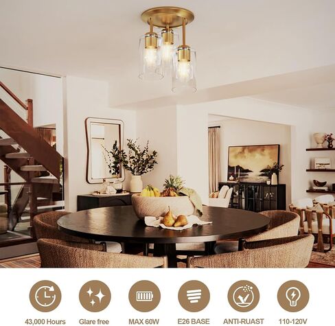 Kalium Gold Semi Flush Mount Ceiling Light, 3-Light Fixtures Ceiling Mount with Clear Glass Shades, Hallway Lighting Fixtures for Bedroom Kitchen E26 Socket (Bulb Not Included) in Kuwait