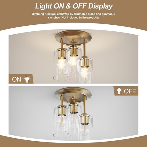 Kalium Gold Semi Flush Mount Ceiling Light, 3-Light Fixtures Ceiling Mount with Clear Glass Shades, Hallway Lighting Fixtures for Bedroom Kitchen E26 Socket (Bulb Not Included) in Kuwait