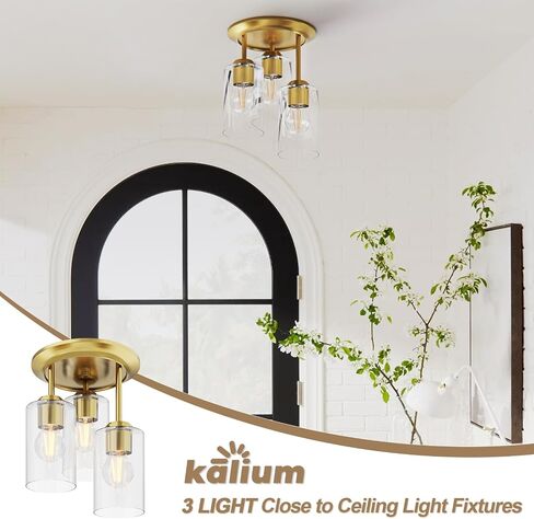 Kalium Gold Semi Flush Mount Ceiling Light, 3-Light Fixtures Ceiling Mount with Clear Glass Shades, Hallway Lighting Fixtures for Bedroom Kitchen E26 Socket (Bulb Not Included) in Kuwait
