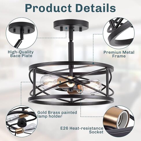 2-Light Semi Flush Mount Ceiling Light, 14-inch Industrial Modern Farmhouse Lighting Fixture with Metal Cage, Oil Rubbed Bronze Finish Ceiling Lamp for Kitchen Hallway Bedroom Living Room in Saudi Arabia