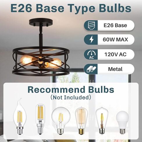 2-Light Semi Flush Mount Ceiling Light, 14-inch Industrial Modern Farmhouse Lighting Fixture with Metal Cage, Oil Rubbed Bronze Finish Ceiling Lamp for Kitchen Hallway Bedroom Living Room in Saudi Arabia