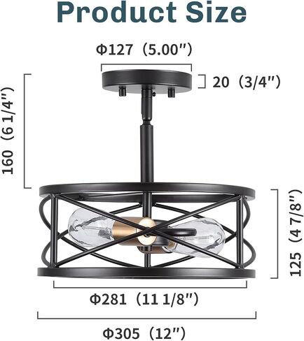 2-Light Semi Flush Mount Ceiling Light, 14-inch Industrial Modern Farmhouse Lighting Fixture with Metal Cage, Oil Rubbed Bronze Finish Ceiling Lamp for Kitchen Hallway Bedroom Living Room in Saudi Arabia