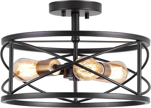 2-Light Semi Flush Mount Ceiling Light, 14-inch Industrial Modern Farmhouse Lighting Fixture with Metal Cage, Oil Rubbed Bronze Finish Ceiling Lamp for Kitchen Hallway Bedroom Living Room in Saudi Arabia