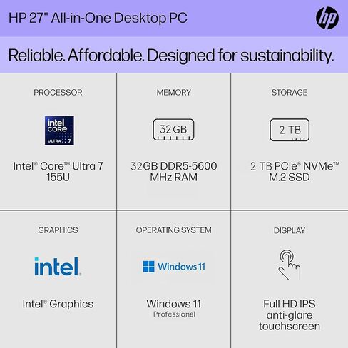 كمبيوتر مكتبي HP 2024 مقاس 27 بوصة يعمل باللمس FHD للأعمال الكل في واحد، ترخيص Microsoft Office مدى الحياة، Intel 12-core Ultra 7 155U (Beats i7-1355U)، 64 جيجابايت DDR5، 4 تيرابايت SSD، لوحة مفاتيح وماوس لاسلكي، Wi-Fi 6، Win 11 برو in Saudi Arabia