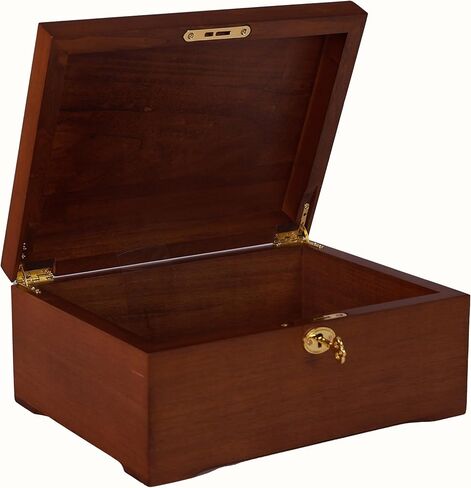 شركة J&F صندوق خشبي 100% من خشب السنط مع قفل، صندوق خشبي مصنوع يدويًا مع غطاء مفصلي، صندوق خشبي كبير بتصميم قديم للتذكار أو الوصفة أو المجوهرات (لون الخشب) (خشب 1) in Kuwait