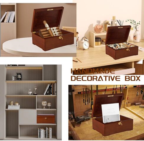 شركة J&F صندوق خشبي 100% من خشب السنط مع قفل، صندوق خشبي مصنوع يدويًا مع غطاء مفصلي، صندوق خشبي كبير بتصميم قديم للتذكار أو الوصفة أو المجوهرات (لون الخشب) (خشب 1) in Kuwait