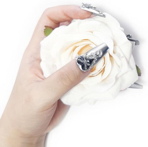 Handmade Reusable Press on Nails Cyber Heart, Cyberpunk Cool Future Machinery Silver Medium Coffin Fake Nails with Butterfly Chain Rose Aurora Rhinestones in 10pcs Customized Size (Medium) in Saudi Arabia