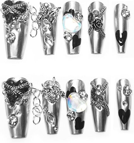 Handmade Reusable Press on Nails Cyber Heart, Cyberpunk Cool Future Machinery Silver Medium Coffin Fake Nails with Butterfly Chain Rose Aurora Rhinestones in 10pcs Customized Size (Medium) in Saudi Arabia