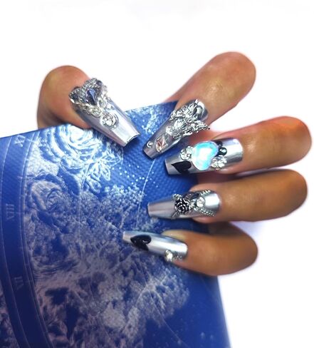 Handmade Reusable Press on Nails Cyber Heart, Cyberpunk Cool Future Machinery Silver Medium Coffin Fake Nails with Butterfly Chain Rose Aurora Rhinestones in 10pcs Customized Size (Medium) in Saudi Arabia