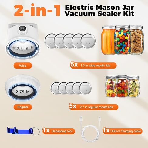 Fully Automatic Electric Mason Jar Vacuum Sealer,Rechargeable Vacuum Sealer Kit for Wide Mouth & Regular Mouth Canning Jars,White in Saudi Arabia