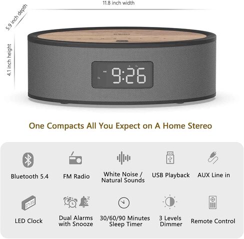 Clock Radio Bluetooth Speaker with Dual Customizable Alarms, Built-in FM Radio, White Noise Sound Machine, USB, AUX, Aesthetic Style with Great Sound Performance in Kuwait