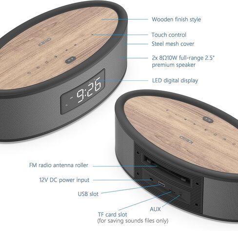 Clock Radio Bluetooth Speaker with Dual Customizable Alarms, Built-in FM Radio, White Noise Sound Machine, USB, AUX, Aesthetic Style with Great Sound Performance in Kuwait