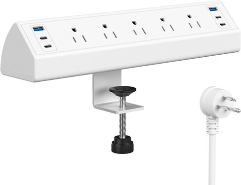 Desk Clamp Power Strip USB C,Under Desk Mount Power Station,20W Fast Charging,Fits 1.9'' Tabletop Edge,Desk Surge Protector,Perfect Home,Office Supplies (White, 5 Outlets & 6 USB Ports & 25 FT Cable) in Saudi Arabia