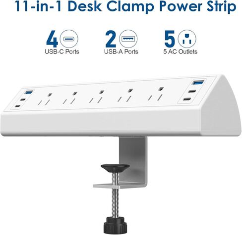 Desk Clamp Power Strip USB C,Under Desk Mount Power Station,20W Fast Charging,Fits 1.9'' Tabletop Edge,Desk Surge Protector,Perfect Home,Office Supplies (White, 5 Outlets & 6 USB Ports & 25 FT Cable) in Saudi Arabia