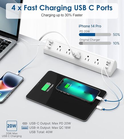 Desk Clamp Power Strip USB C,Under Desk Mount Power Station,20W Fast Charging,Fits 1.9'' Tabletop Edge,Desk Surge Protector,Perfect Home,Office Supplies (White, 5 Outlets & 6 USB Ports & 25 FT Cable) in Saudi Arabia