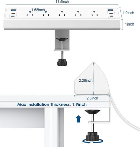 Desk Clamp Power Strip USB C,Under Desk Mount Power Station,20W Fast Charging,Fits 1.9'' Tabletop Edge,Desk Surge Protector,Perfect Home,Office Supplies (White, 5 Outlets & 6 USB Ports & 25 FT Cable) in Saudi Arabia